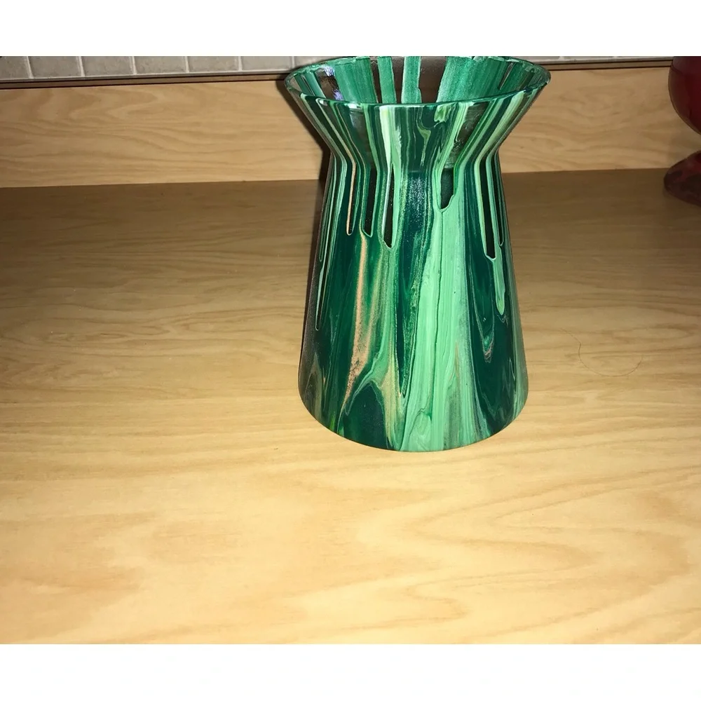Hand made artisan glass  painted green flower vase